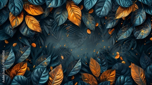 This luxury gold wallpaper design features a black and gold background with tropical leaves featuring dark blue and green colors, with a shiny golden light texture. This is a modern art mural photo