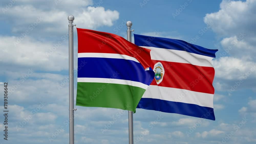 Costa Rico and Gambia two flags waving together, looped video, two country cooperation concept Costa Rico and Gambia two flags waving together, looped video, two country cooperation concept