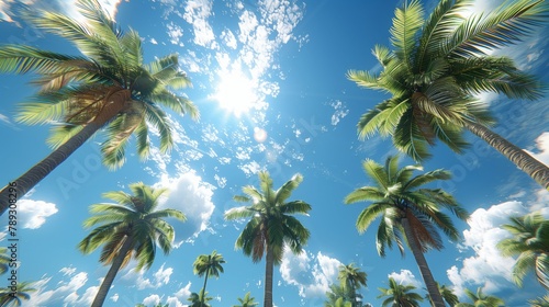 Gazing up at sunlit palm trees under an azure sky with fluffy clouds