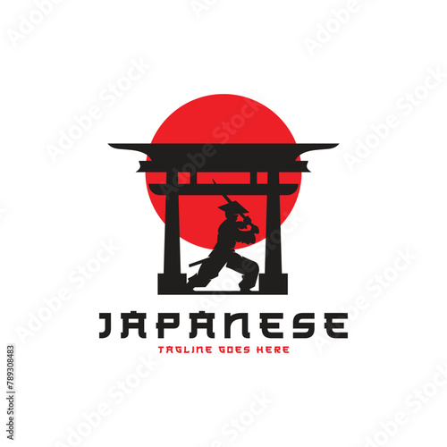 vector illustration of the silhouette of a samurai holding a katana in front of a torii gate