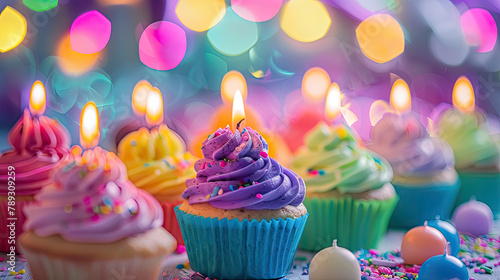 A photograph of a colorful array of cupcakes  each topped with a glowing candle  creating a festive ambiance