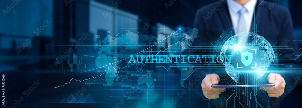Authentication, secure login methods, businessman use tablet and authenticate with structure of biometric verification on network for working in the futuristic technological, financial, and industrial Authentication, secure login methods, businessman use tablet and authenticate with structure of biometric verification on network for working in the futuristic technological, financial, and industrial