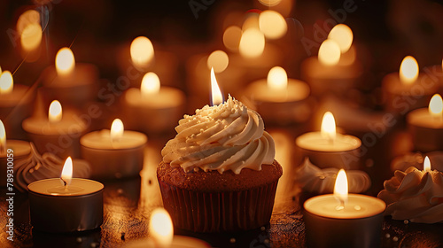 An image of a cupcake surrounded by flickering candles, creating a cozy atmosphere perfect for intimate gatherings