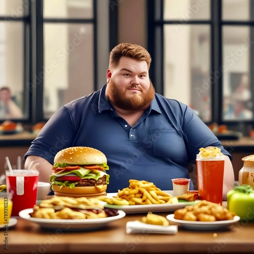 fat man with hamburger and french fries at table in fast food restaurant