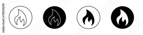 Flame icon set. heat sign. fire burn vector symbol in black filled and outlined style. photo