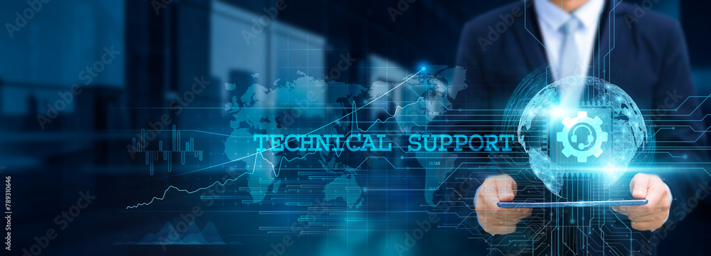 Technical support, Businessman use tablet and collaborate with the structure of technical support on the network for working in futuristic IT, software, and hardware development. Technical support, Businessman use tablet and collaborate with the structure of technical support on the network for working in futuristic IT, software, and hardware development.
