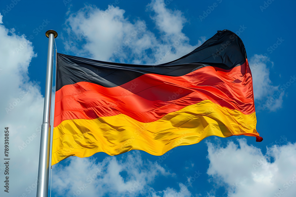 Deutschlandfahne weht an einem Fahnenmast, blauer Himmel, erstellt mit generativer KI Deutschlandfahne weht an einem Fahnenmast, blauer Himmel, erstellt mit generativer KI