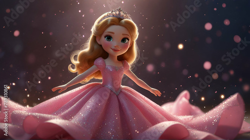 Cute cartoon princess in pink dress, surrounded by sparkles. A fairytale dream come true. Generative.AI
