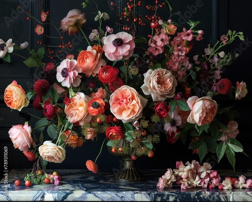 Baroqueinspired floral arrangement, richly detailed with oldfashioned blossoms on a deep black backdrop, evoking a sense of timeless elegance photo