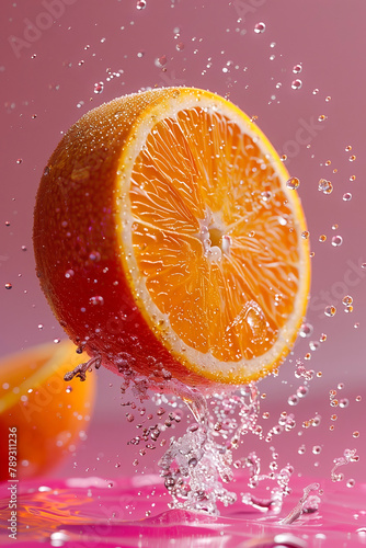 With an explosion of water droplets  an orange half stands out on a rosy pink surface - AI Generated