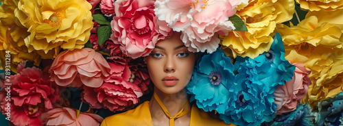 yellow, pink, Turquoise, caucasion woman modeling, flower,  bold, beautiful, A caucasion woman, the roses around her are scattered photo