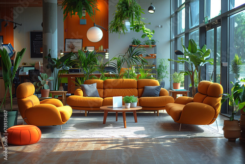 A cozy co-working space featuring vibrant orange furniture and ample green plants, illuminated by natural light. AI Generated © Denis Mamin