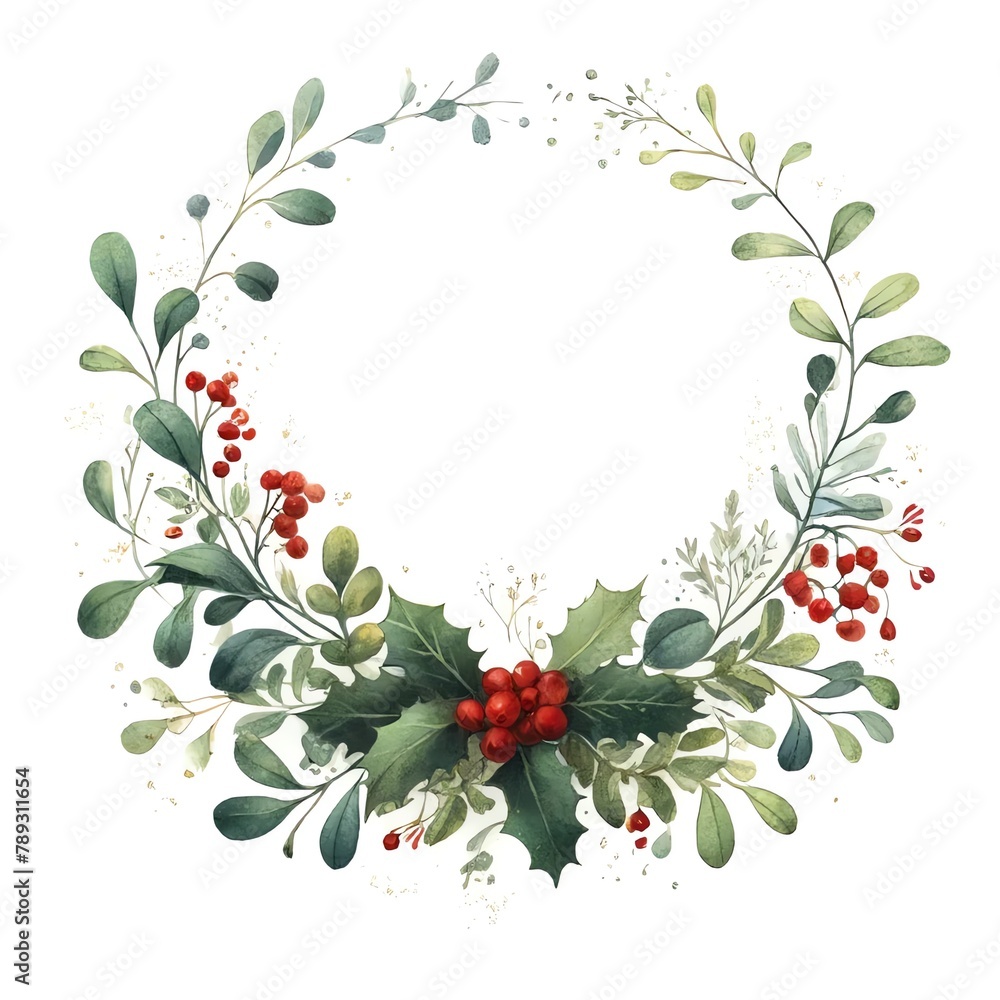 Watercolor-Style Illustration of Mistletoe Foliage for Greeting Card
