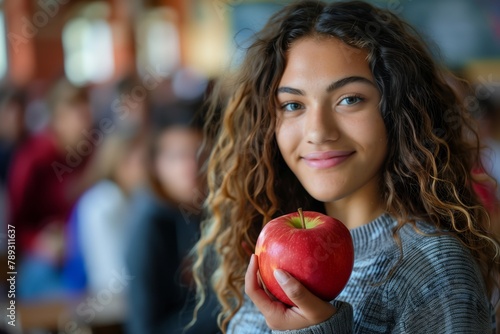 A teenager holds a red apple, symbolizing healthy eating, while attending a school nutrition class. AI