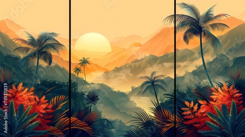 Background template design for Instagram's main feed and post. Abstract colored shapes, line arts and tropical leaves provide an earthy toned color for the background. photo