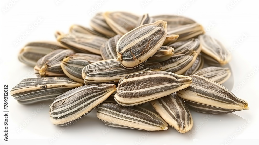 Detailed view of individual sunflower seeds on a clean, white background for focus and clarity Detailed view of individual sunflower seeds on a clean, white background for focus and clarity