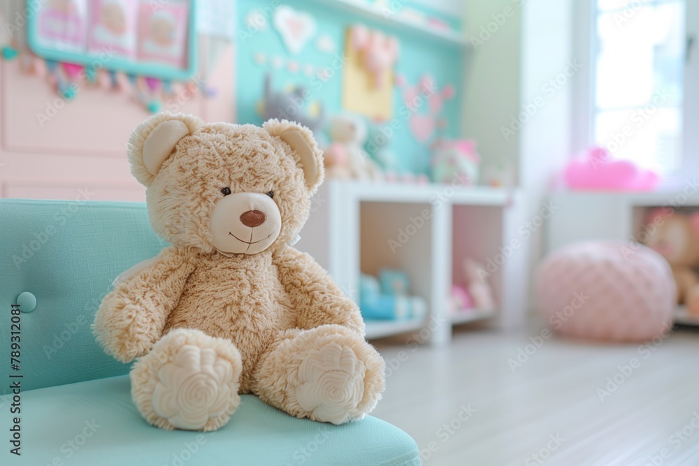 Fototapeta premium A plush teddy bear sits on a turquoise sofa in a child-friendly pediatric clinic, adding a touch of warmth and comfort. AI Generated