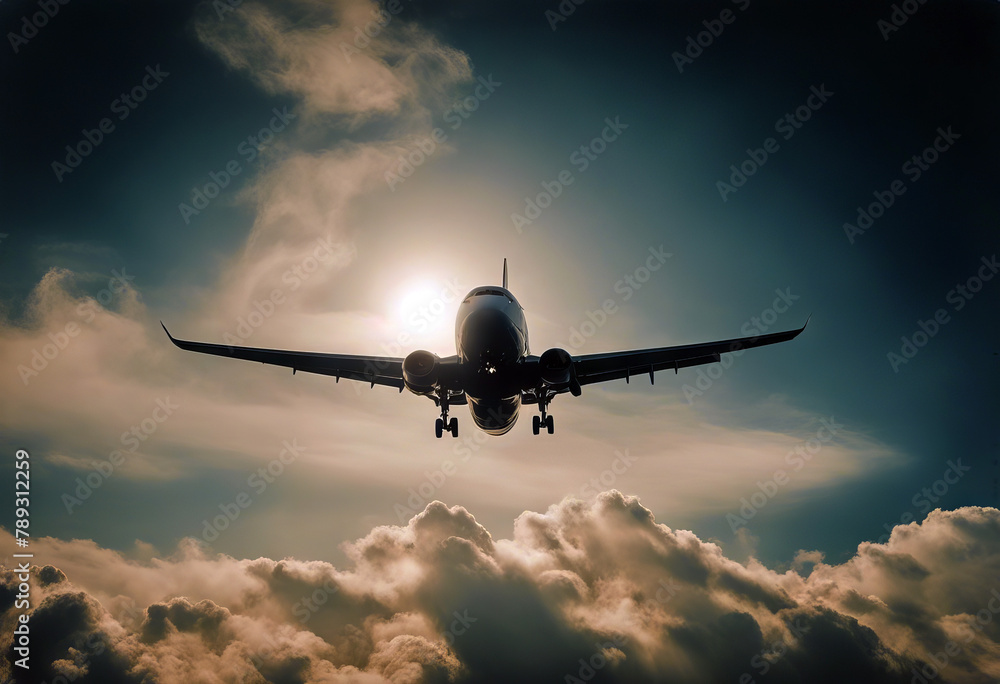 sky cloudy airplane aeroplane plane transport transportation aircraft air airliner aerodrome aviation blue cargo cloud commercial day descend elevate energy engine flight fly fuselage gear go