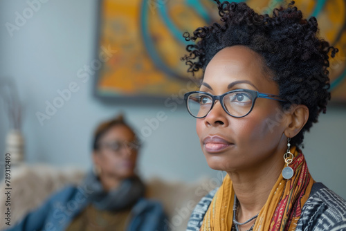A focused therapist attentively listens during a counseling session in a tranquil office setting. AI Generated