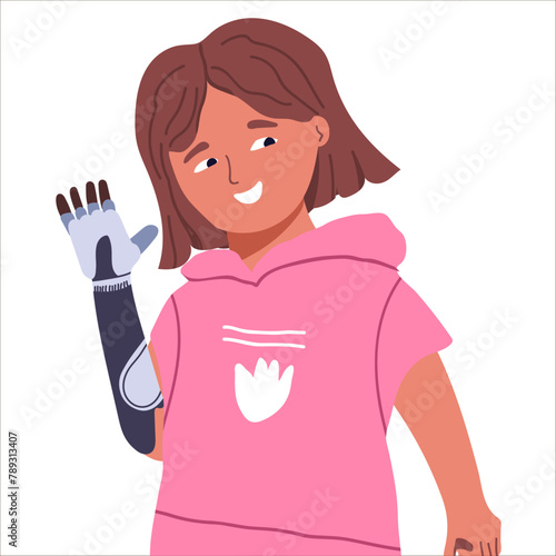 Cute little girl with prosthetic arm waving. Cute smiling friendly character greets child with robotic arm gesture, bionic prosthetic arm.