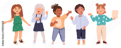 Cute children of different races singing a song together. Preschool children singing in a choir. Diverse vocal talents of girls and boys in group choir from music school. Flat vector illustrations.