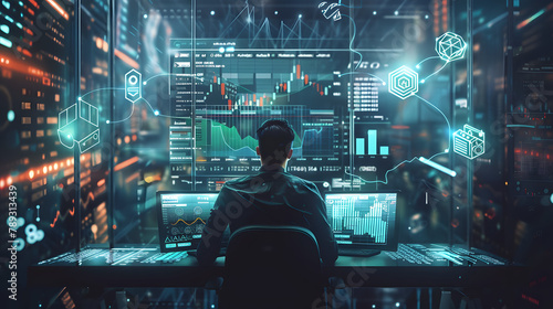 A financial analyst is using an AI-integrated online platform to pull insights from various financial databases. like stock market tickers and portfolio icons hovering around the desktop screen. photo