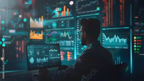 A financial analyst is using an AI-integrated online platform to pull insights from various financial databases. like stock market tickers and portfolio icons hovering around the desktop screen.