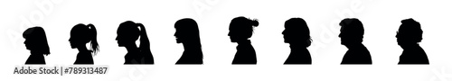 Female human life cycle from child to elderly life stages face side view portrait silhouette collection. photo