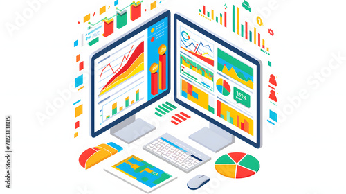Wallpaper Mural A flat vector illustration of an isometric composition with charts. graphs and data points on the screens of two monitors against a white background Torontodigital.ca