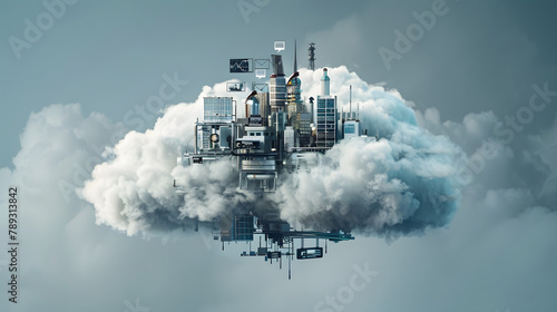 A floating cloud with various technological devices emerging from it. symbolizing global technology. A creative concept for technology education or world technology © Oleksandr