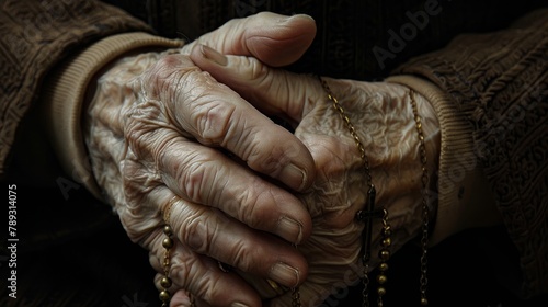 close up, old hands with rosary chain, religion, 16:9