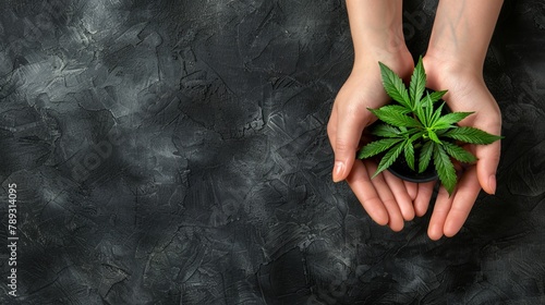 Close-up of hands holding a young organic marijuana leaf on dark background, flat lay, banner with copy space