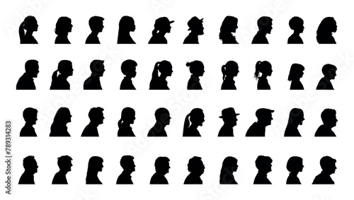 Human face portrait side view silhouettes set collection. Man and woman side face avatar profile different age and generation black silhouette.	