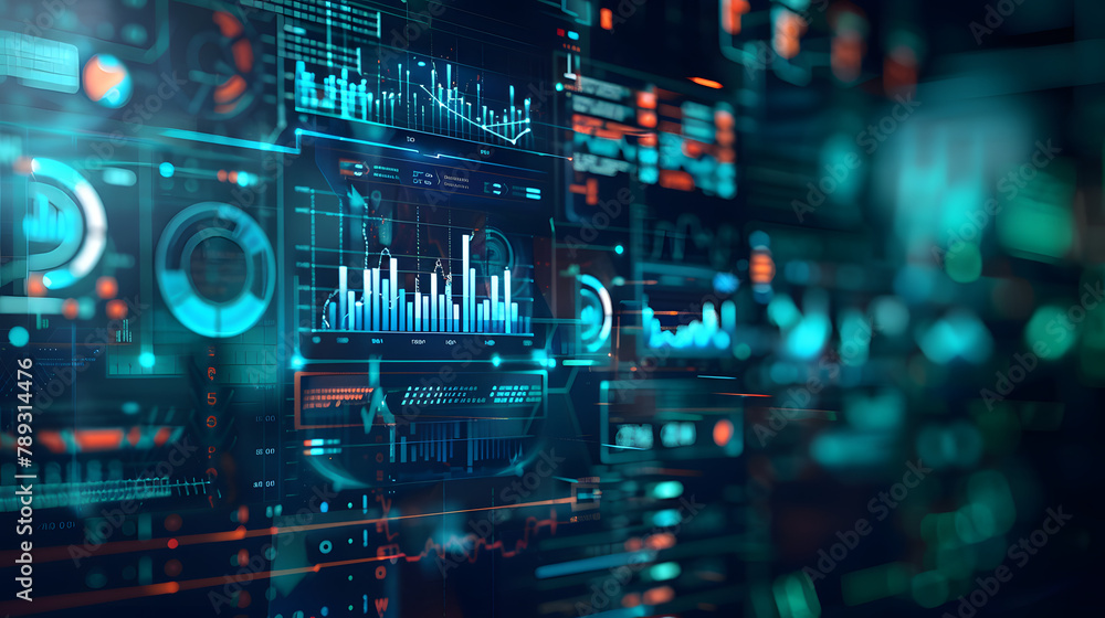 A futuristic holographic display of data and graphs. with digital interfaces glowing in the dark background A futuristic holographic display of data and graphs. with digital interfaces glowing in the dark background