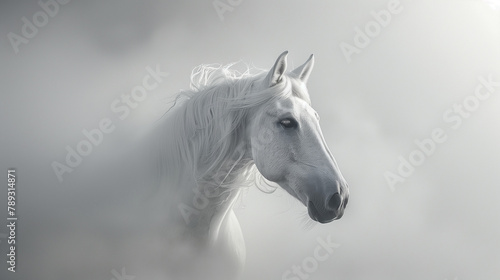 cinematic white horse emerging from white mists