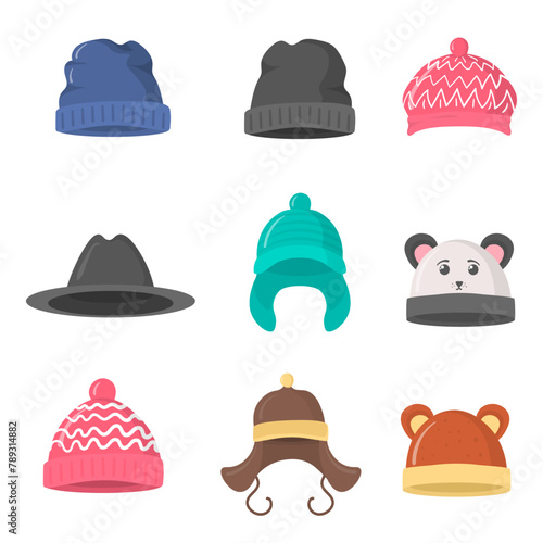 Collection of winter or autumn hats in flat style. Knitted hat, caps for girls and boys in cold weather isolated on white background. Web page design element icon. Vector illustration