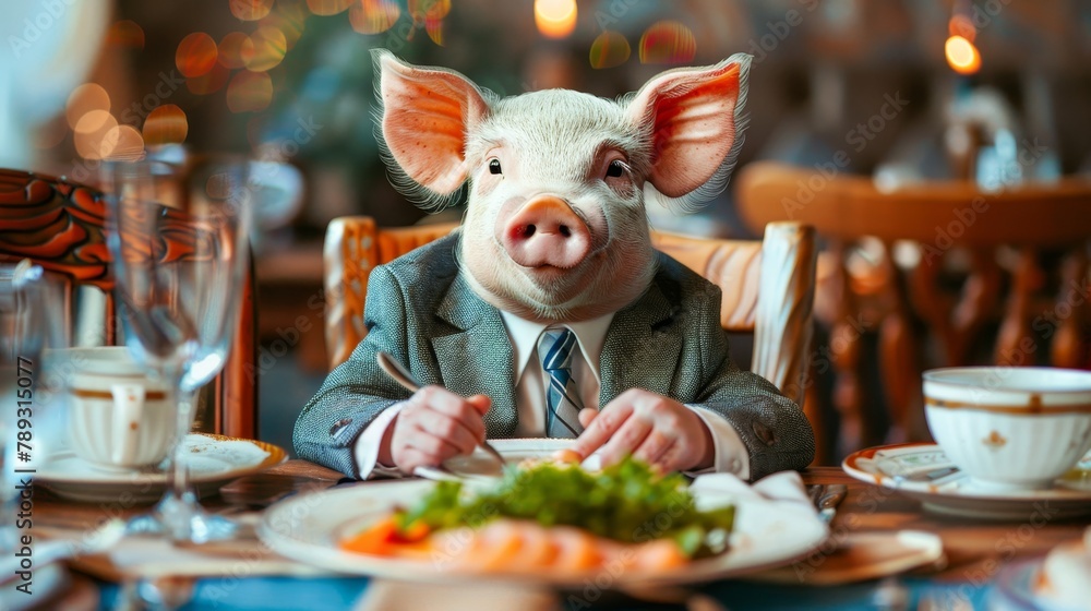 Pig in formal business attire dining at a table in a professional corporate setting