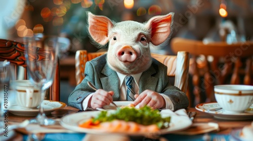 Pig in formal business attire dining at a table in a professional corporate setting