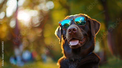 portrait of happy labrador with sunglasses in summer park, blurred background