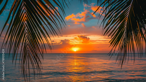 Sunset on the beach with tropical palm tree leaves, calm ocean horizon © Maximilien