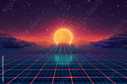 80s retro scifi background with futuristic grid landscape synthwave wireframe net illustration digital art