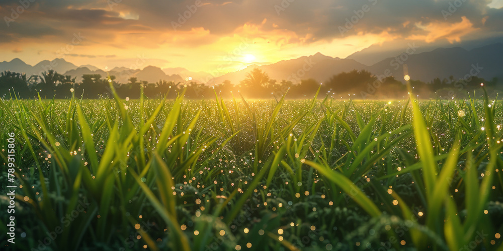 Close up of grass field with setting sun suitable for naturethemed designs, inspirational content, backgrounds, and relaxationthemed projects.