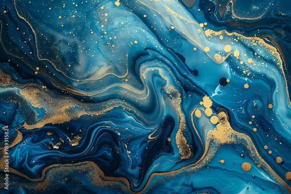 abstract blue and gold marbled ink texture fluid art background - obrazy, fototapety, plakaty 
