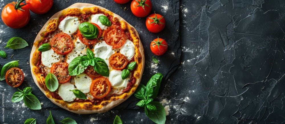 Homemade pizza featuring tomatoes, mozzarella, and basil on a dark stone table, captured from above with space for text. Homemade pizza featuring tomatoes, mozzarella, and basil on a dark stone table, captured from above with space for text.