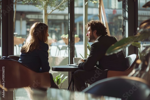 A young businessman and woman talking for a job interview sitting on a chair by a window in an office. A male manager having a conversation with a female during a meeting at workplace. generative AI