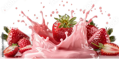  milk yogurt splash with strawberries isolated on white background
