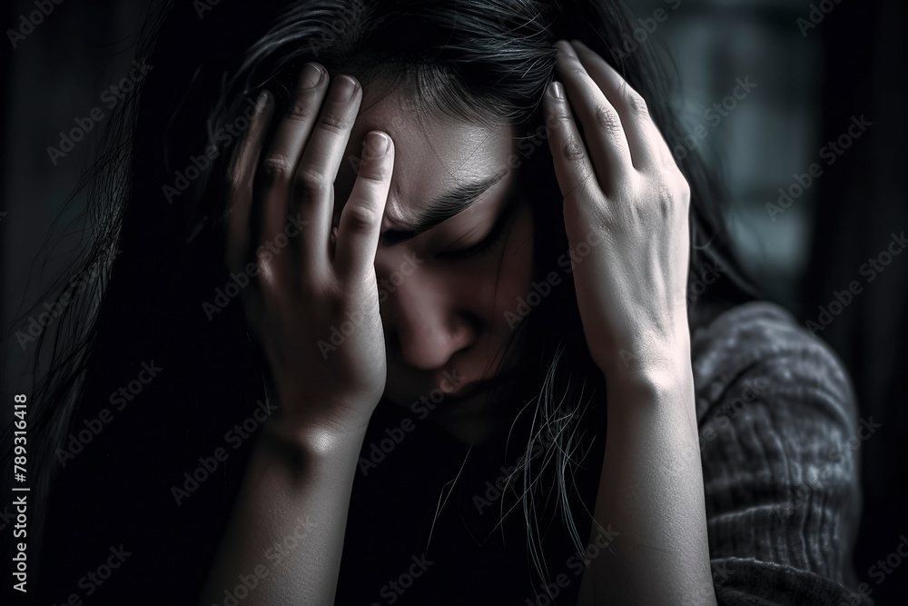 A woman is crying and her hands are on her head. She looks sad and upset. Concept of despair and hopelessness A woman is crying and her hands are on her head. She looks sad and upset. Concept of despair and hopelessness