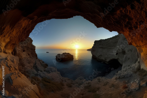 A breathtaking sunset over the ocean, viewed from inside a rocky cave, illuminating the surrounding cliffs and calm waters