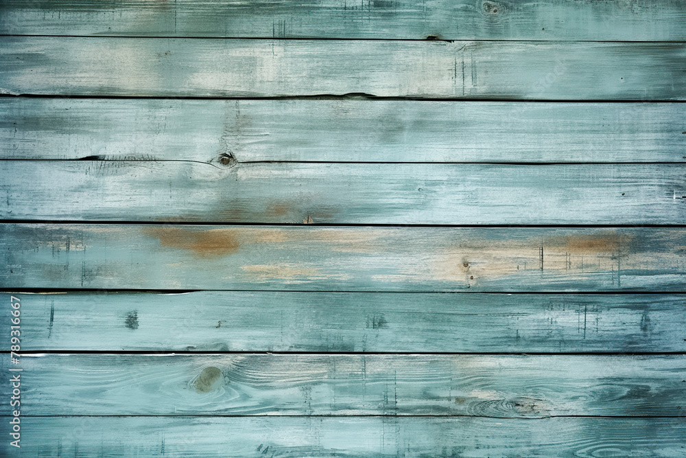 Weathered teal wooden wall, horizontal planks, signs of age, chipped paint, knots, grain patterns, faded and varied colors