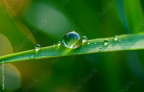 A close-up of dew drops on a green blade of grass, reflecting the environment, highlighted by a serene, soft light